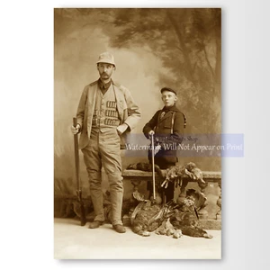 Antique Photo Hunters With Rifles, Father & Son Hunting Vintage Wall Art Poster - Picture 1 of 11