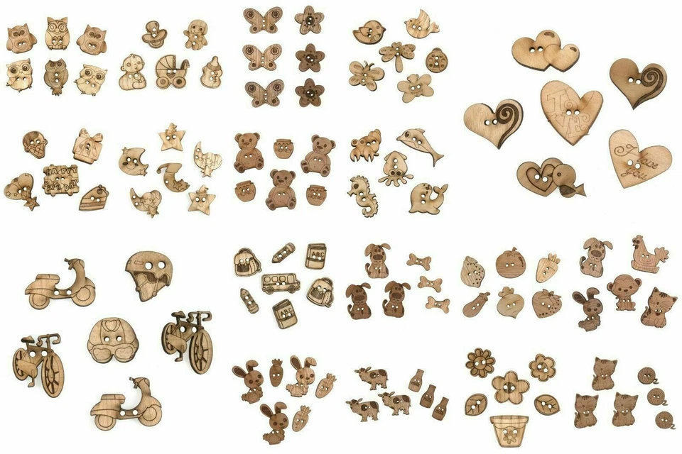 Novelty Wooden Craft Buttons - Trimits - Assorted Designs - Mixed Size 1.5-3cm - Image 1 of 1