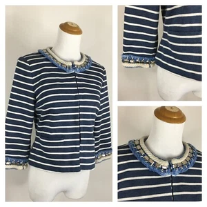 BOSTON PROPER Blue White Striped Embellished Fringe Beaded Jacket Womens sz XS - Picture 1 of 11