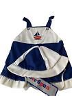 VTG Baby Boys Blue Sailboat Sailor Applique short Romper Hat Doe-Spun NEW 24 mo