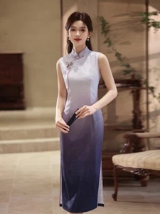 Elegant Sleeveless Ombre Purple Cheongsam Qipao Dress with Bamboo Embroidery - Picture 1 of 9