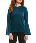 Michael Kors Women’s Luxe Teal Long Sleeve Blouse Large Ribbed Striped New $88