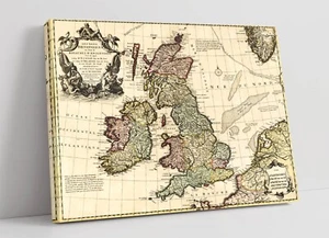 MAPPA VINTAGE DELLE ILSES BRITANNICHE E IRLANDA -STAMPA ARTE DA PARETE SU TELA CON CORNICE PROFONDA - Foto 1 di 2
