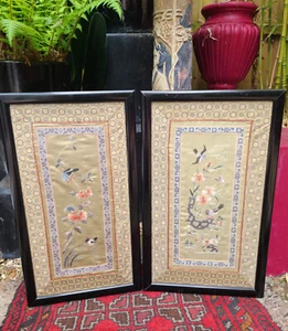 Pair Vintage Chinese Embroidered Silk Panels Chinoiserie Birds Butterfly Flowers - Picture 1 of 23