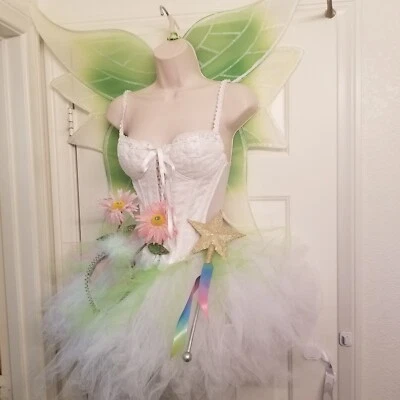 Fairy Costume Corset Large Green Wings, Custom Tulle Skirt,Wand,Head Band,Wand - Image 1 of 4