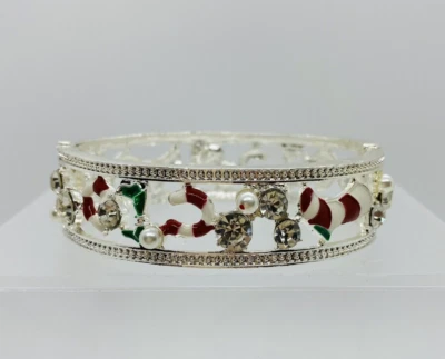 Brazalete con bisagra de perlas de imitación diamantes de imitación tono plata bastón de caramelo de Navidad 6,5 pulgadas Foto 1 de 4