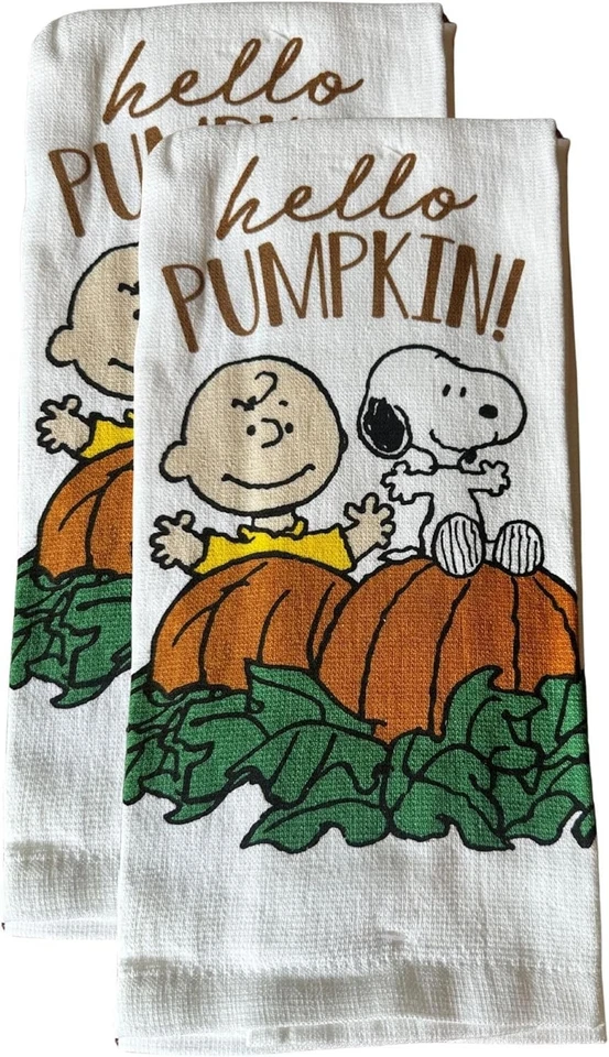 花生 Charlie Brown 和 Snoopy Hello 南瓜! 棉质厨房毛巾 2 件装新品 — 第 1/1 张图片