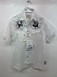 New Kids Rockmount White Black Design Short Sleeve Pearl Snap Size 32 CC-103 - Picture 1 of 12