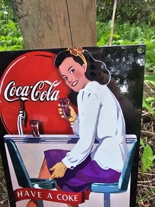 OLD VINTAGE COCA-COLA PORCELAIN BEVERAGE SODA GAS STATION 12"X8" SIGN COKE COLA. - Picture 1 of 3
