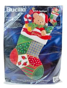 1997 Vintage Bucilla Patchwork Christmas Teddy Felt Applique Stocking Kit 83657 - Picture 1 of 9