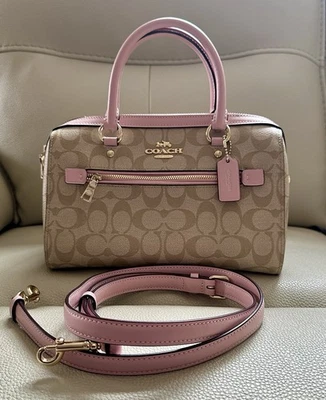 Coach Rowan Satchel Bag Crossbody Signature Khaki, Pink Trim M1922-83607 - Rare - Image 1 of 4