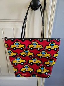 Marc Tetro New York City Taxi Cab Pattern Vinyl Tote Shopper 17x13 Zip Red - Picture 1 of 7