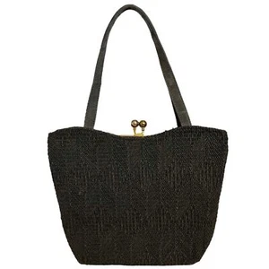 1940s Corde Chevron Ribbed Black Satchel Frame Handbag Evening Bag Purse Vintage - Picture 1 of 9