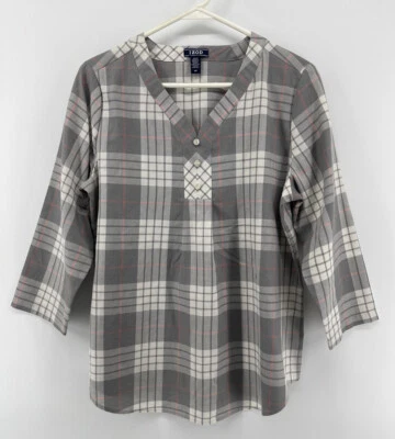 IZOD Womens V Neck 3/4 Sleeve Blouse Top Shirt Size S Small Gray Pink Plaid - Image 1 of 4