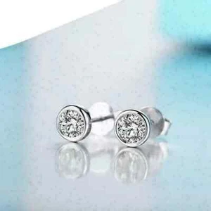 1 Ct Round Cut Lab Created Diamond Bezel Set Stud Earrings 14k White Gold Plated - Picture 1 of 4