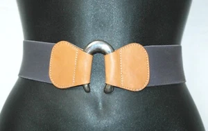 Vintage Wide Gray Stretch Cinch Waist Belt Leather Ends W/ Horseshoe SlipIn Hook - Picture 1 of 5