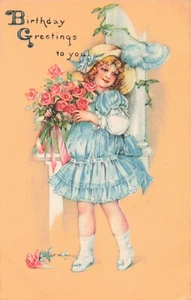 1915-20 Birthday Greetings Postcard with Cute Girl Carrying Pink Roses - Picture 1 of 2