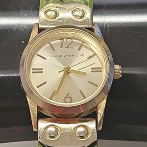 Isaac Mizrahi Live IMZ568 Womens Watch Gold Tone Green Leather Band New Battery - Picture 1 of 6