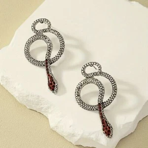 Gothic Carved Silver & Red Coiled Snake Stud Earrings NEW - Picture 1 of 6