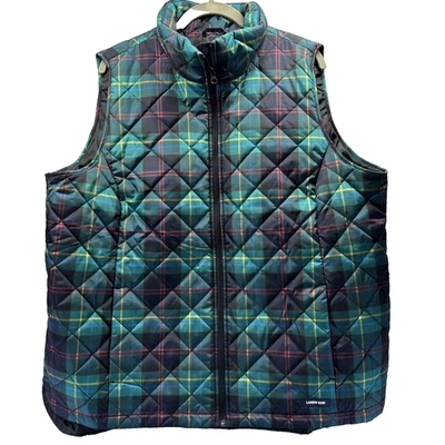 Lands End Puffer Vest Women's Plus 1X (16-18) Water Resistant Green Tartan Plaid - Image 1 of 4