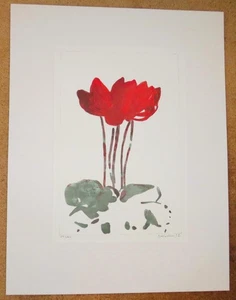 Oskar Koller handsignierte Farb Lithographie einer roten Blume aus 1992 - Bild 1 von 6