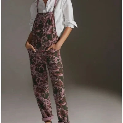 Anthropologie 绿色紫色花朵印花 Pilcro The Painters Overalls 尺寸 25 — 第 1/4 张图片