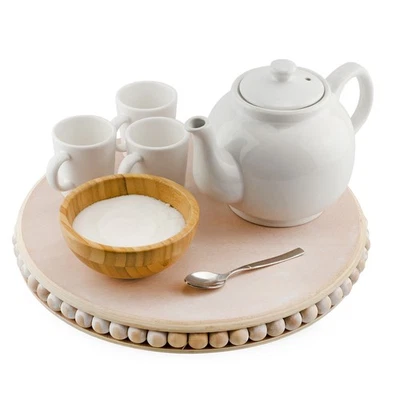 Wood Beaded Lazy Susan Organizer 13in; Medium Decorative Rustic Boho Turntable - Image 1 of 4