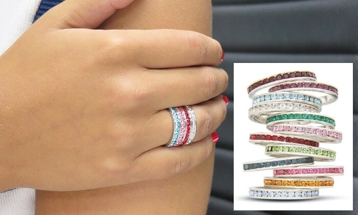 镀白金可堆叠生日石永恒戒指 施华洛世奇宝石制成 — 第 1/1 张图片