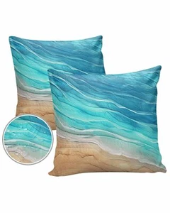 Outdoor Pillows Throw Pillow Covers 16x16 Inch Blue Ombre Waves Waterproof De... - Picture 1 of 7
