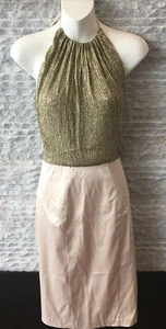 Black Halo - Size 8/Medium - Designer Halter Dress Gold Sequin Top, Fabric Skirt - Picture 1 of 6