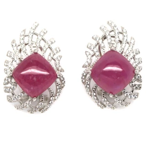 925 Sterling Silver 11 x 11 mm. Pink Ruby & White Zircon Earrings - Picture 1 of 4