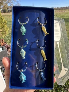 NIB Set of 6 Wine Glass Charms Fish Boston Warehouse Drink Markers - Picture 1 of 5