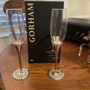 Gorham Razzle Dazzle Flauto Coppia Bicchieri Champagne Trasparente 8 Oz Piatto Argento - Foto 1 di 3