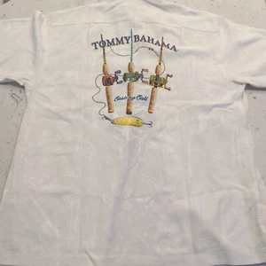 Tommy Bahama Shirt Men Large Cream Fishing Reel Casting Call Silk Embroidered - Picture 1 of 16