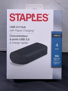 NEW STAPLES 4-Port USB 3.0 Hub + Power Adapter OTG Black w/ Rapid Charged LED - Picture 1 of 5