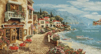 25" WALL JACQUARD WOVEN TAPESTRY Mediterranean Seashore - a Restaurant  ITALY - Image 1 of 2