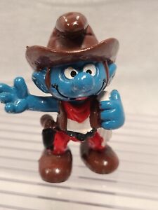 Figurine Smurf Peyo 1981 Schleich Smurf Puffi Cowboy Lasso and hat