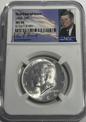 1964 P NGC MS66 Silver Kennedy Half Dollar Signature Flag Label 90% Coin JFK - Image 1 of 3