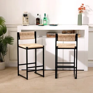 Honey Bar Stools Set of 2 Paper Rope Weave Dining Chairs for Kitchen Island - Picture 1 of 12