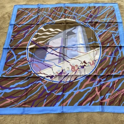 Bufanda de seda Hermès Carre 90 azul marrón diseño París auténtico casi... - Imagen 1 de 4