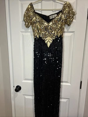 Vestido longo Black Tie Oleg Cassini 100% seda frisado lantejoulas vintage tamanho 4 moda - Imagem 1 de 4