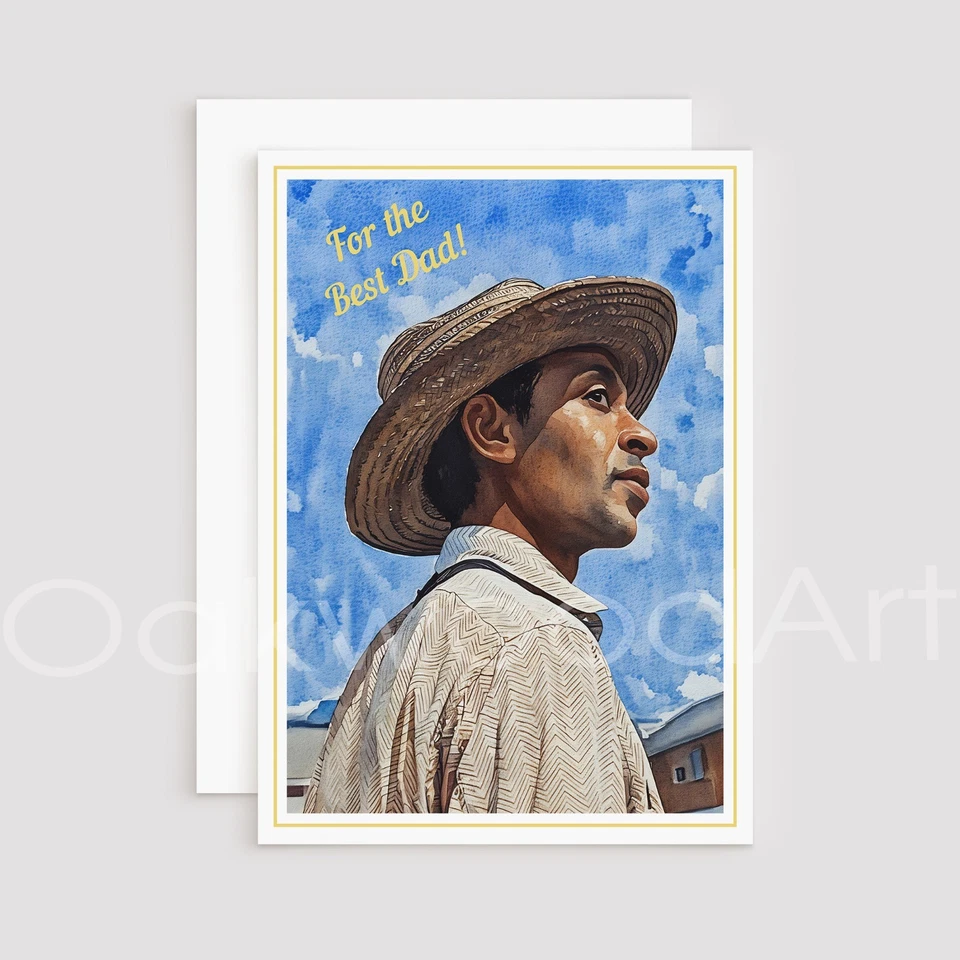 Tarjeta de felicitación del mejor papá del día del padre, hombre negro con sombrero de paja, afroamericano Foto 1 de 4