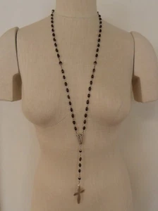 Vintage CREED Sterling Silver 925 Rosary Cross Mother Mary Brown Wood Beaded 23" - Picture 1 of 11