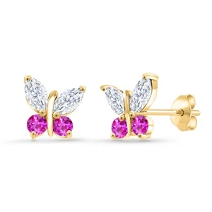 18K Yellow Gold Plated Silver Marquise White Moissanite and Pink Sapphire - Picture 1 of 4