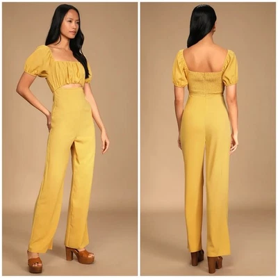Lulus Room For Love Yellow Smock Cutout Puff Sleeve Jumpsuit Medium Straight Leg - Image 1 of 4