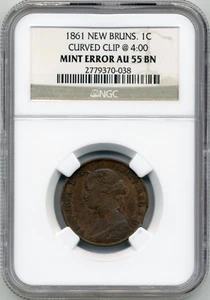MINT ERROR: 1861 New Brunswick Curved Clip @ 4:00, 1 Cent - NGC AU55 BN - Picture 1 of 2