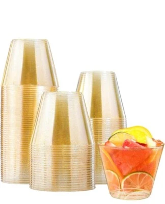 100 Pack - 9 oz Gold Rim Hard Plastic Disposable Elegant Wedding Party Cups Set - Image 1 of 4