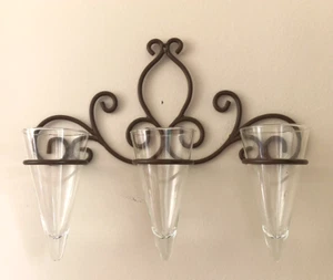 3D Brown Iron Wall Mounts 3 Sconce Glass Vases Home Decor Display Planter VTG - Picture 1 of 7