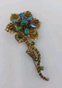 Broche prendedor vintage de Alemania Occidental verde AG cristales de carnaval filigrana grande firmado - Imagen 1 de 11