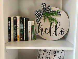 Farmhouse Style Home Decor Gray Hello Wood Circle Plate Sign Rustic Mantle - Picture 1 of 2